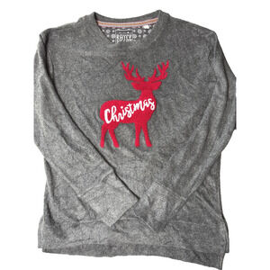 Women's Gray Christmas Sweater Size L Comfy Long Red Reindeer Holiday Party Top